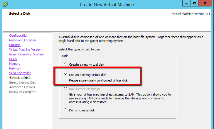 Create VM - Select Existing Disk