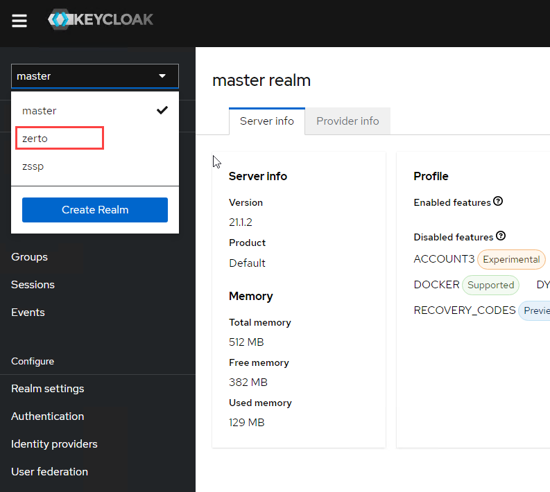 Changing the realm to zerto realm in Keycloak