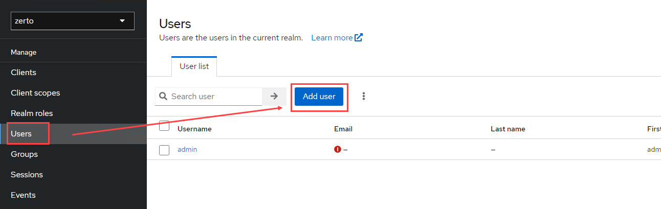 Add a Keycloak user to the zerto realm
