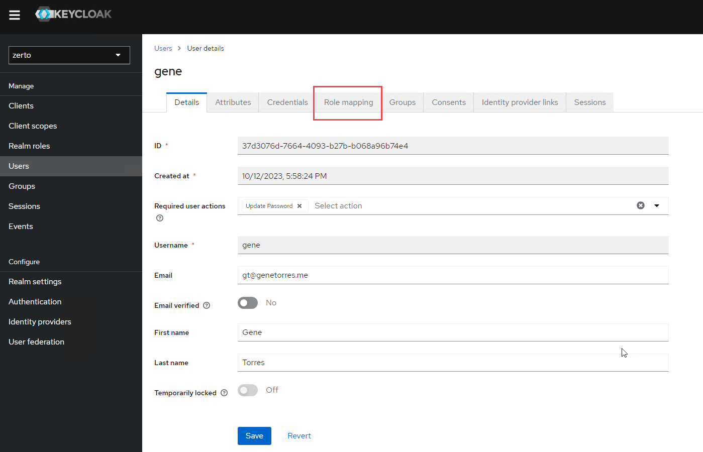 Role mapping in user details in Keycloak