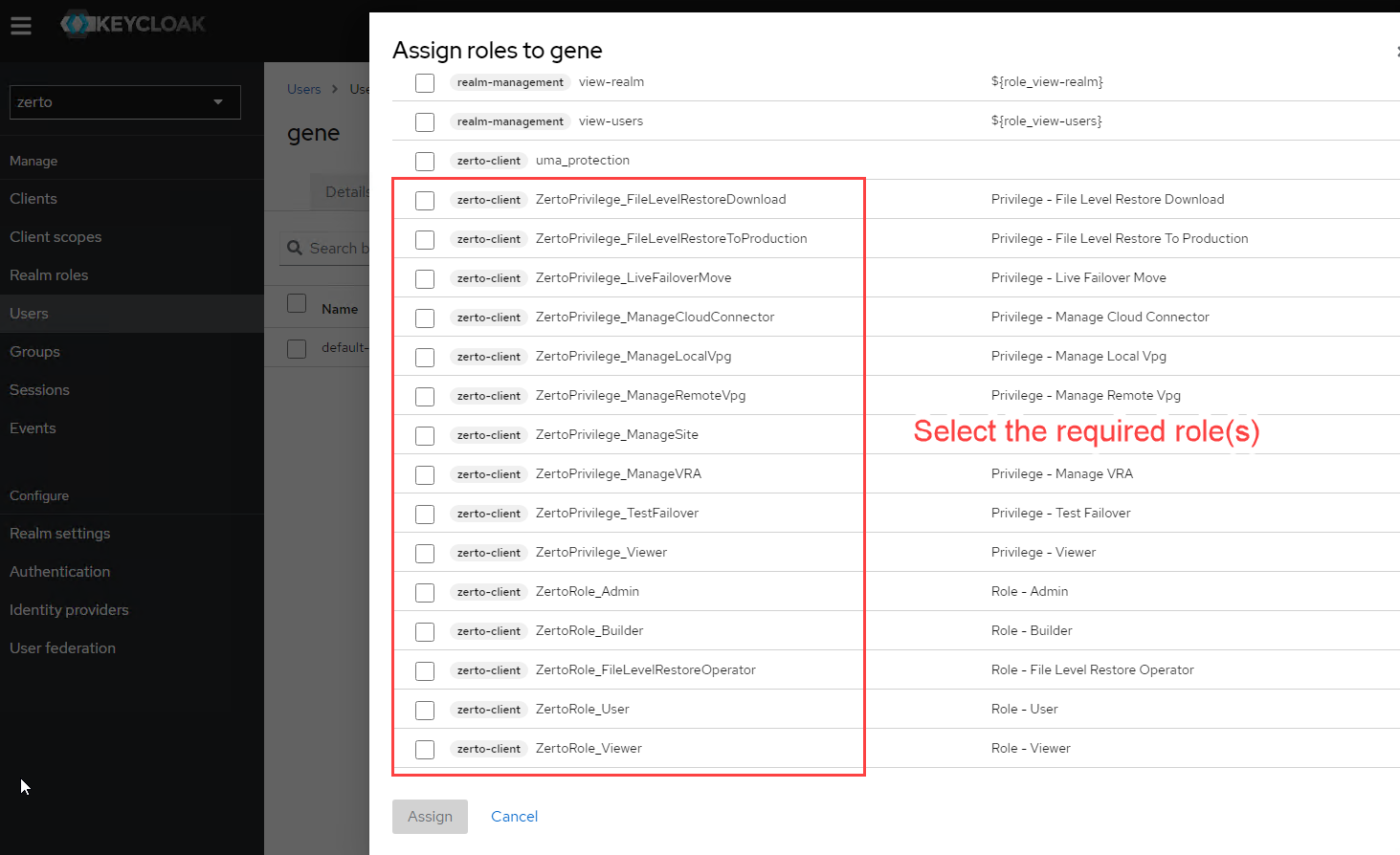 Zerto roles listed in Keycloak