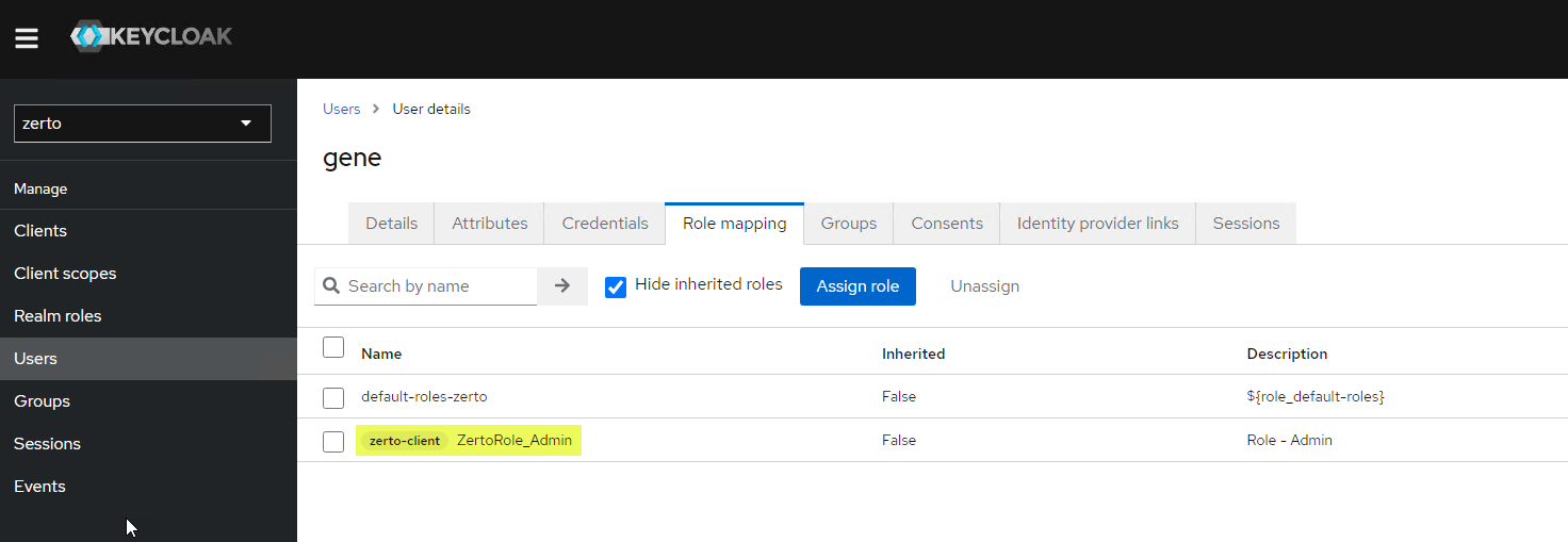 Assigned role to user in Keycloak