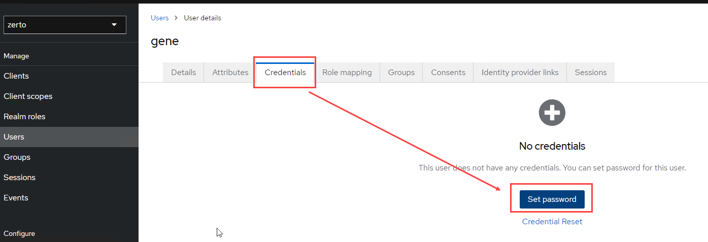 Set the user's password in Keycloak