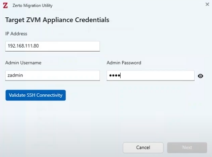 Migration Utility SSH Connectivity Screen