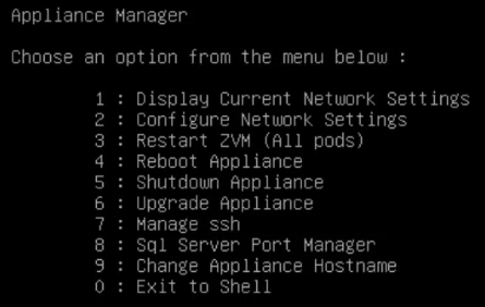 ZVMA appliance manager menu