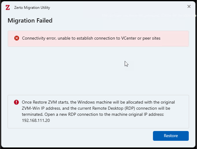 Zerto Migration Utility Error - vCenter Peer Connectivity Check.  Contact support for the fix.