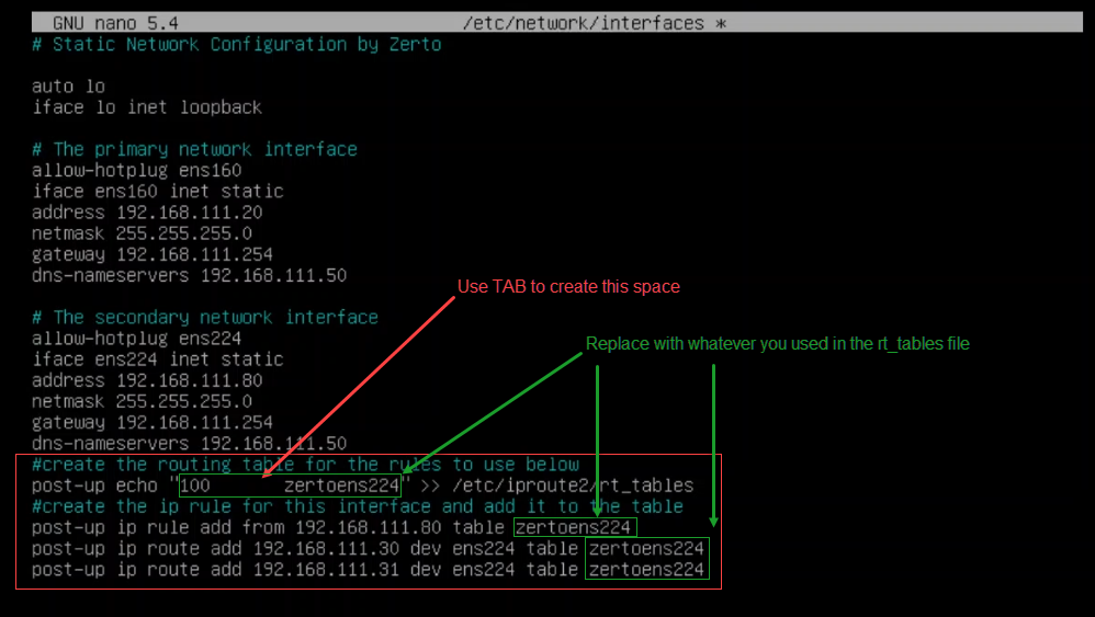 routing configuration in /etc/network/interfaces file