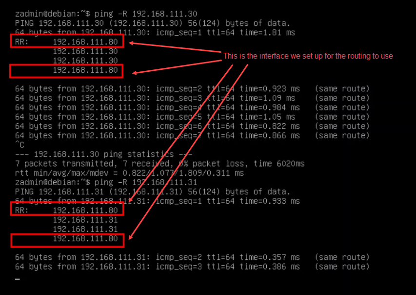 testing the routing configuration using ping -R