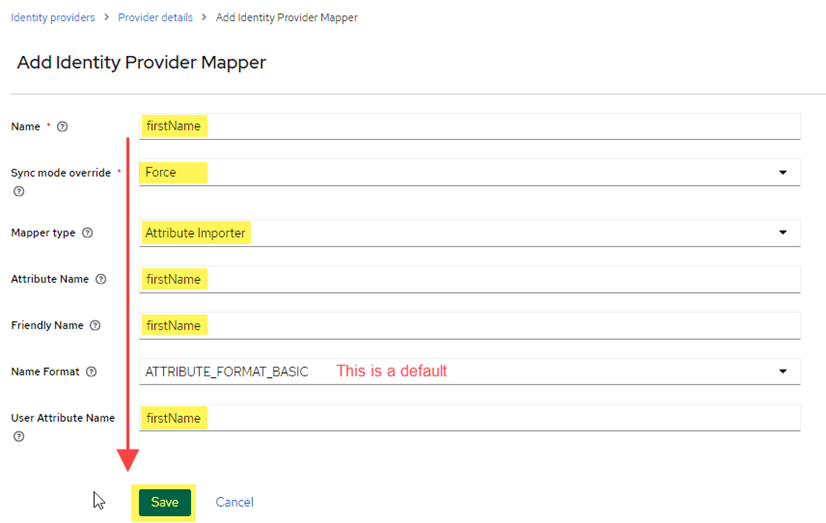 Keycloak first name mapper settings