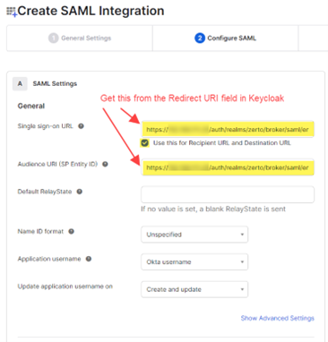 Create SAML Integration Configure URLs screenshot
