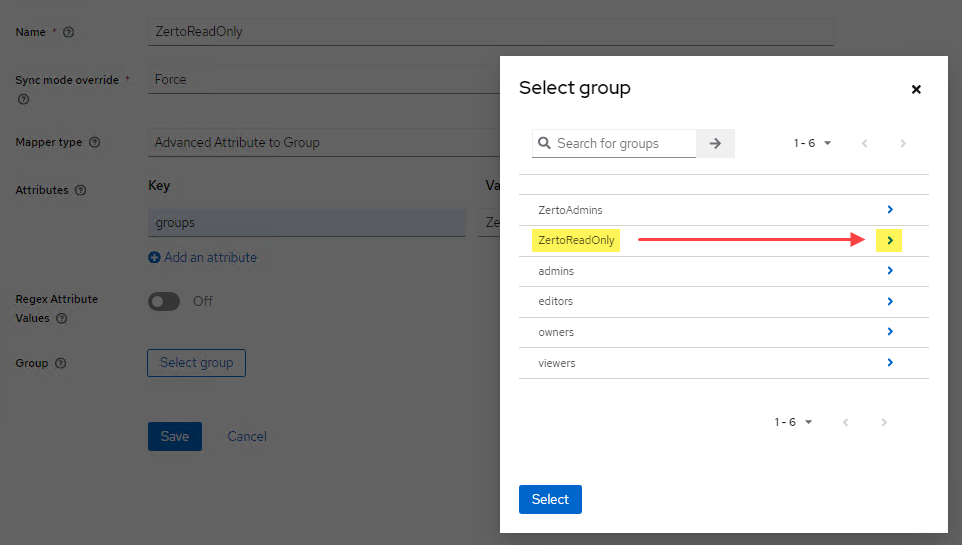 Select the group in Keycloak