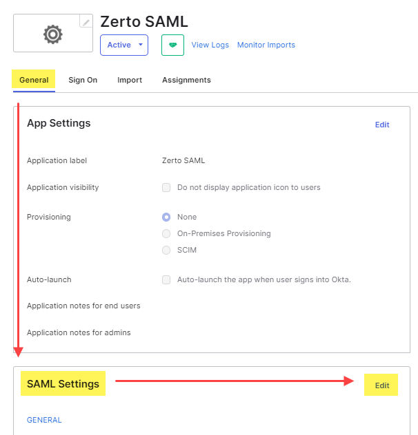 Application General SAML Settings Edit link